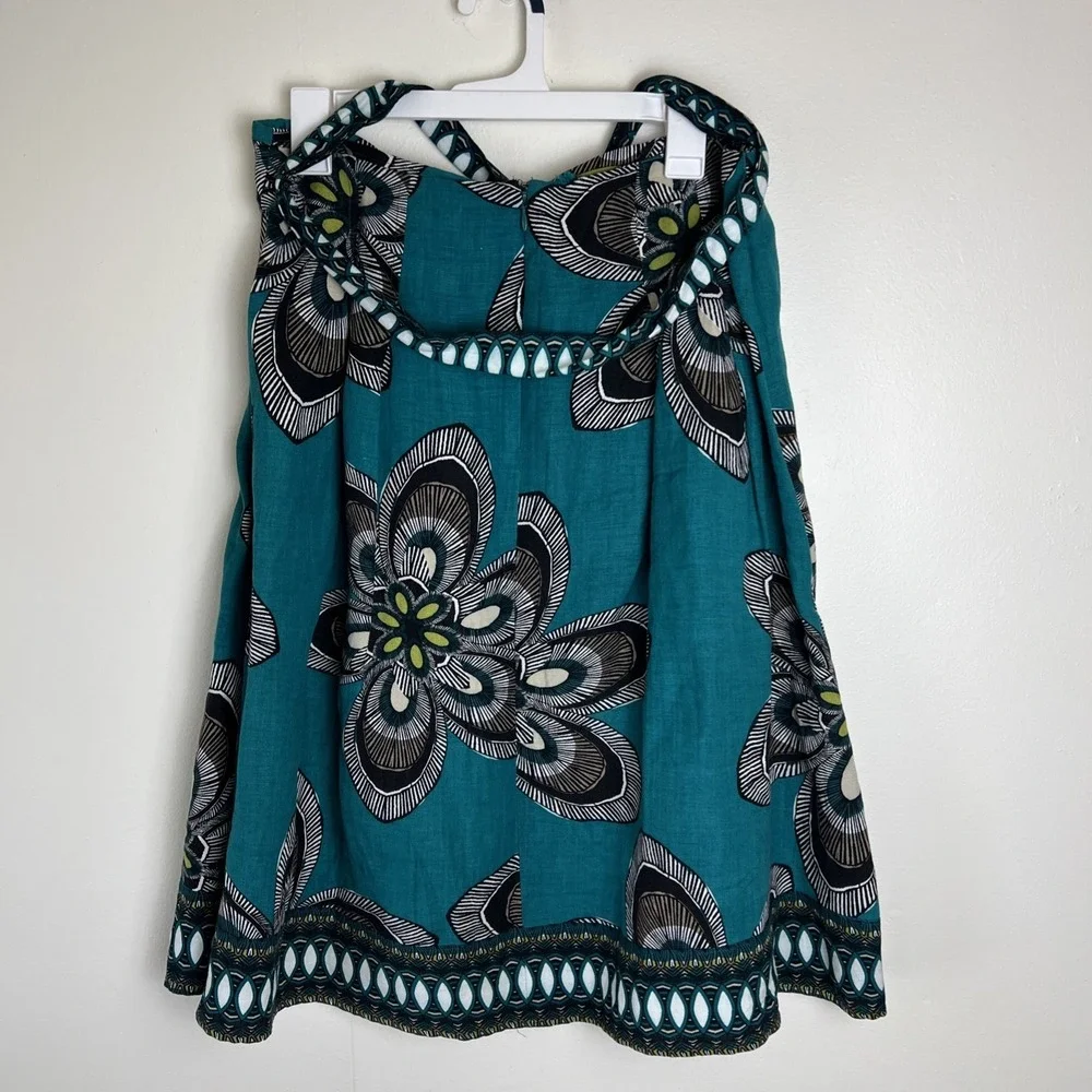 East 5th A-Line Skirt Sz 10 Boho Linen Blend Teal Floral Belt Pleated‎ Tie Belt